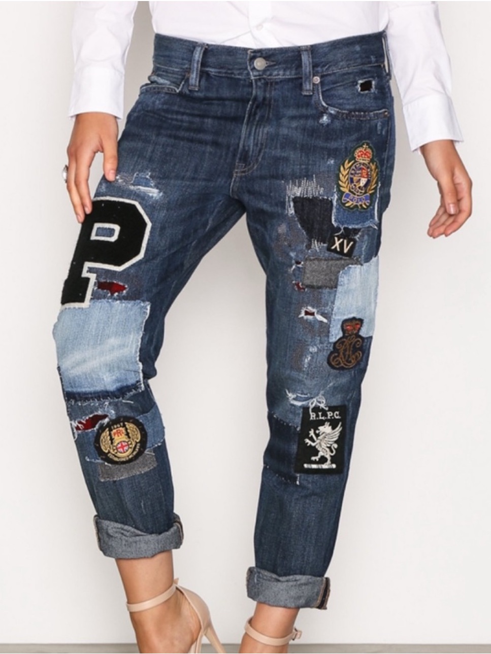 Polo Ralph Lauren Dungarees Astor Slim Boyfriend Patchwork Denim Jeans, Size 27